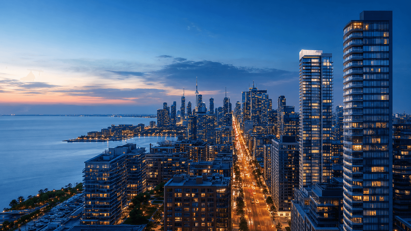 Toronto waterfront skyline and condominium corridor at blue hour